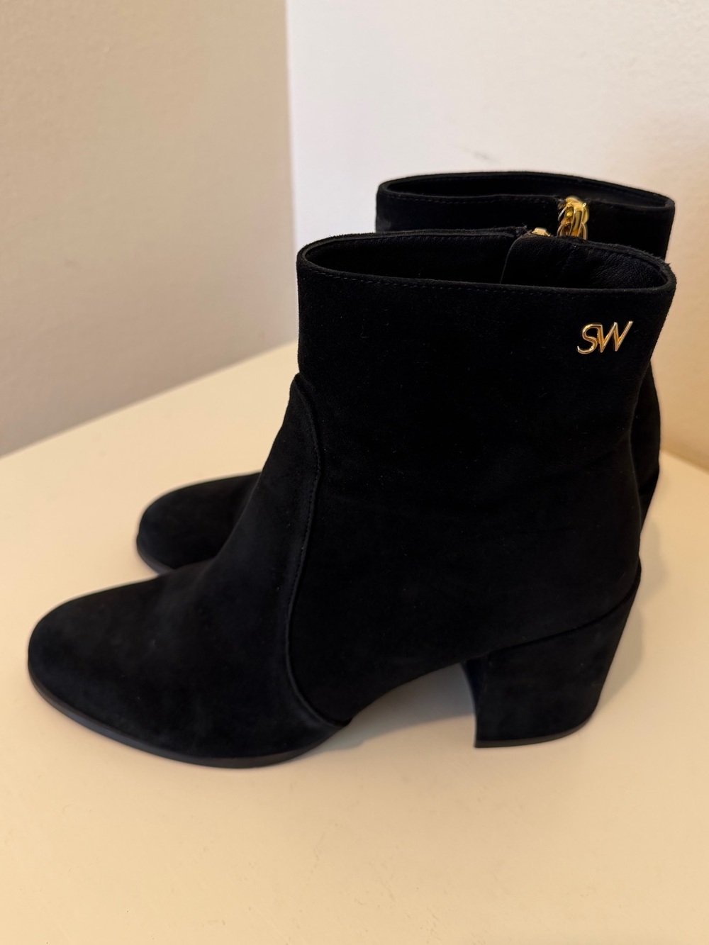 Stuart Weitzman Black Suede Ankle Quinn Ankle Booties with Gold SW Accent